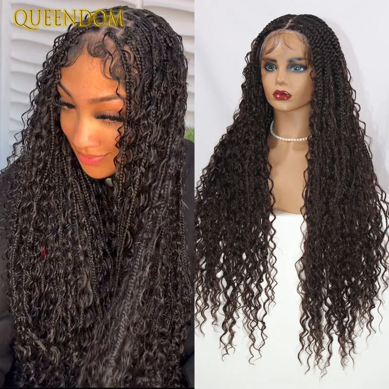 

32" Bohemian Goddess Braided Wigs For Black Women Knotless Braid Wig Full Lace Front Synthetic Wig With Curly Hair Pre Plucked