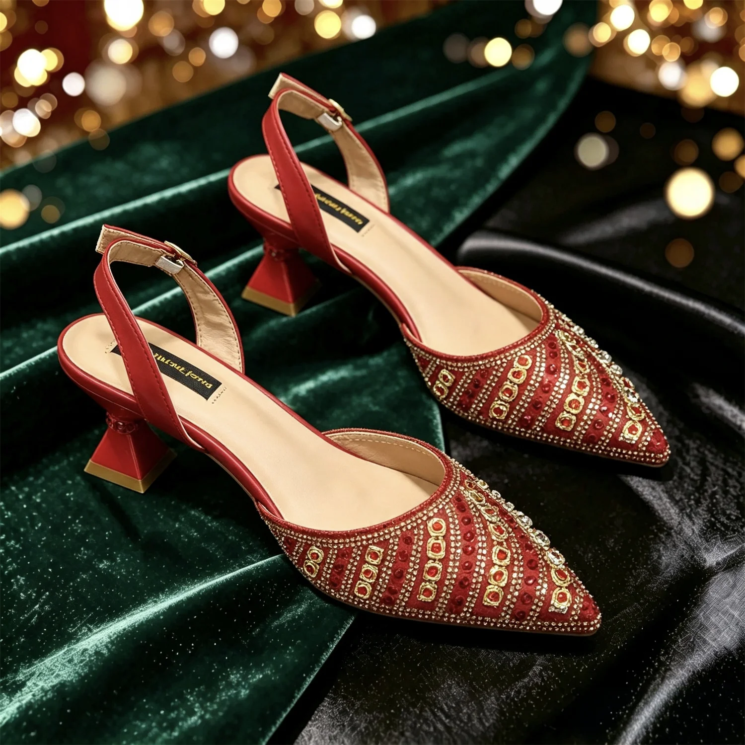 Luxury Red Gold Crystal Slingback Heels Women Stable Geometric Block Heel Satin Pointed Toe Wedding Bridal Sandals
