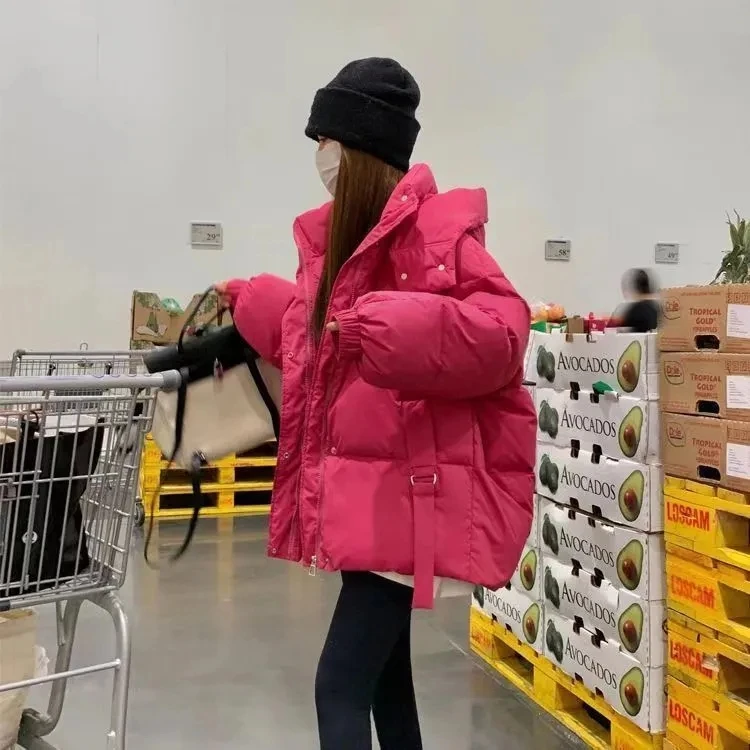 

Women's Short Coat 2025 Winter New Korean Edition Loose Down Cotton Bread Jacket Lady Thicken Hooded Coat Female Parker Overcoat