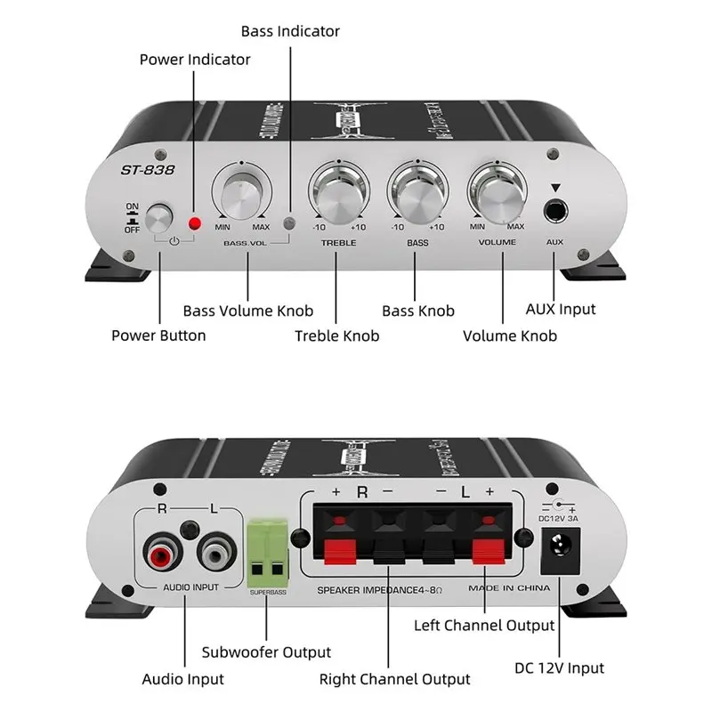 PHILE-Car Home ST-838 Hifi 2.1 canais amplificador de áudio Bluetooth 80Wx2 estéreo e amplificador de som agudo reprodutor de mídia
