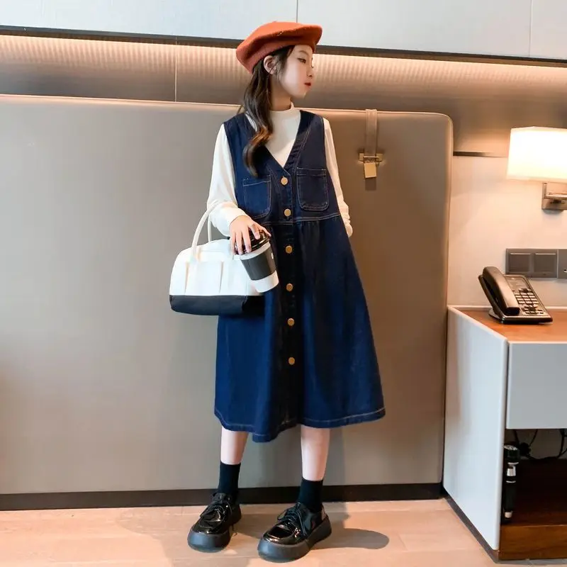 

Girls' 2025 Spring/Autumn New Arrival Chic School Uniform Style Denim Dress Set - for 4-12 Years Old