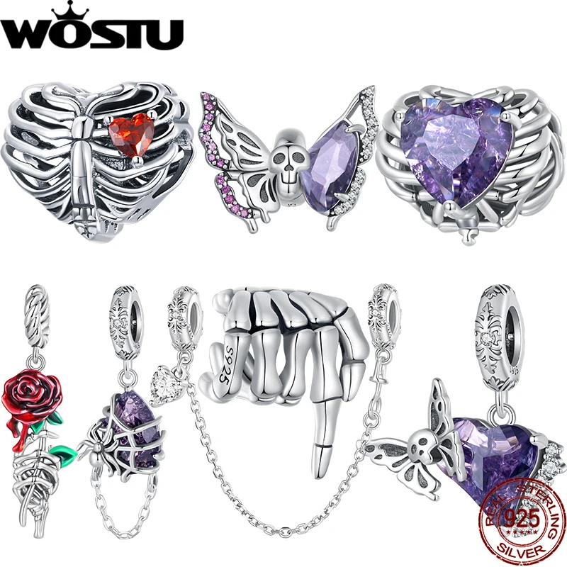 WOSTU 925 Sterling Silver Retro Skull Hand Charm Heart Butterfly Spider Pendent Fit Original Bracelet DIY Halloween Jewelry Gift