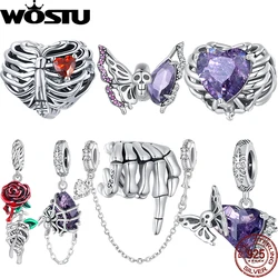 WOSTU 925 Sterling Silver Retro Skull Hand Charm Heart Butterfly Spider Pendent Fit Original Bracelet DIY Halloween Jewelry Gift