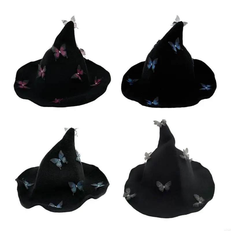 270D Themed Halloween Hat Knitted Witch Hat Butterfly Charm Adult Party Wear for Fashion Statements