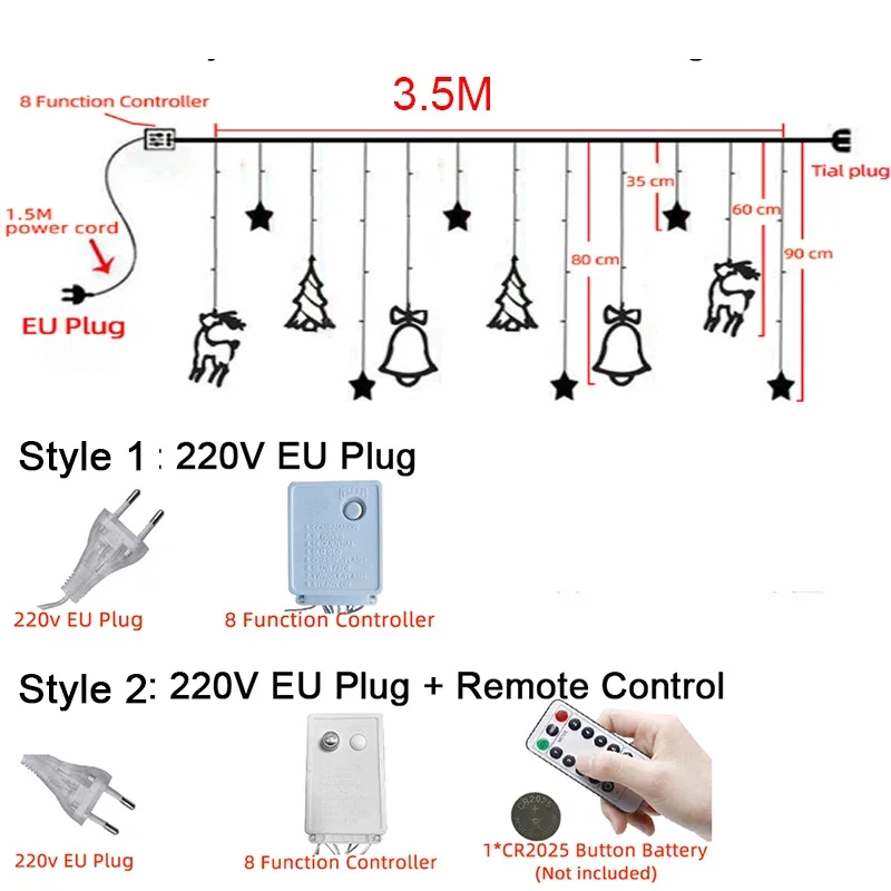 3.5M LED Star Deer Tree Bell 220V 110V  Christmas Garland Fairy Curtain String Lights For Home New Year 2024 Party Decoration