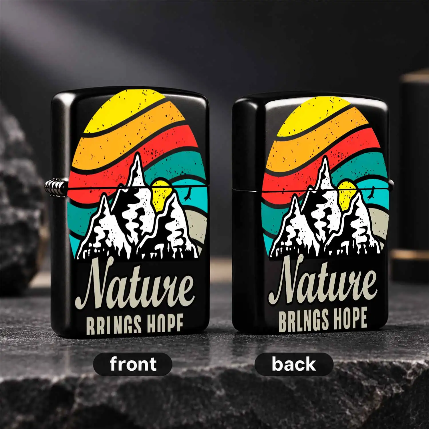 Vintage Nature Mountains Themed Lighter, Retro Gradient Sunset Scenery Print Portable Daily Use Lighter, Multi-Scenario Available Lightweight Pocket Lighter For Camping Hiking Travel Daily Dating, Exquisite Practical Gi A Humorous And Inter