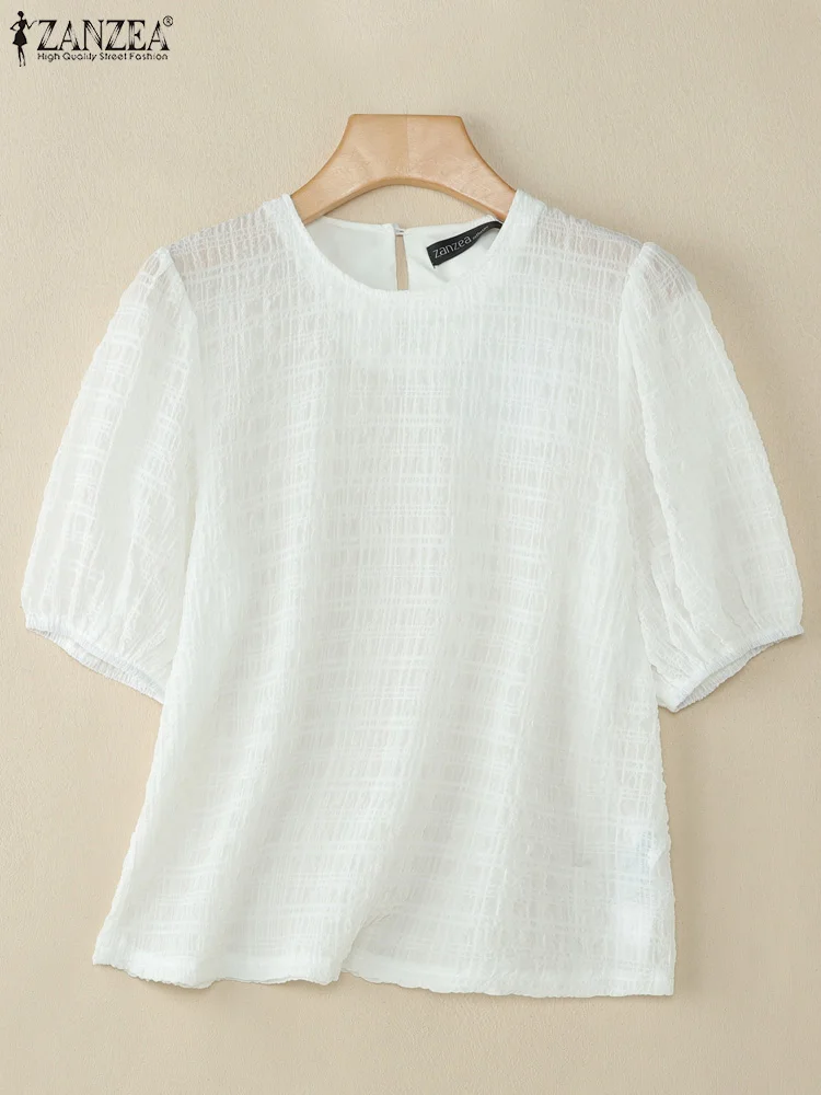 

2025 ZANZEA Fashion Puff Sleeve Blouse Summer Women Tops Elegant Solid Color Blusas Female Casual Loose Round Neck Korean Shirts