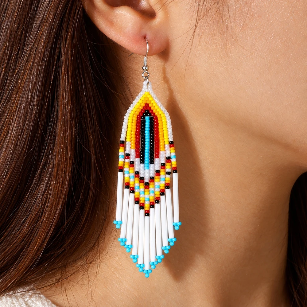 2pcs Long Bold Multicolor Geometric Arch Drop Earrings with White Fringe Strands and Blue Bead Tips Boho Ethnic Style