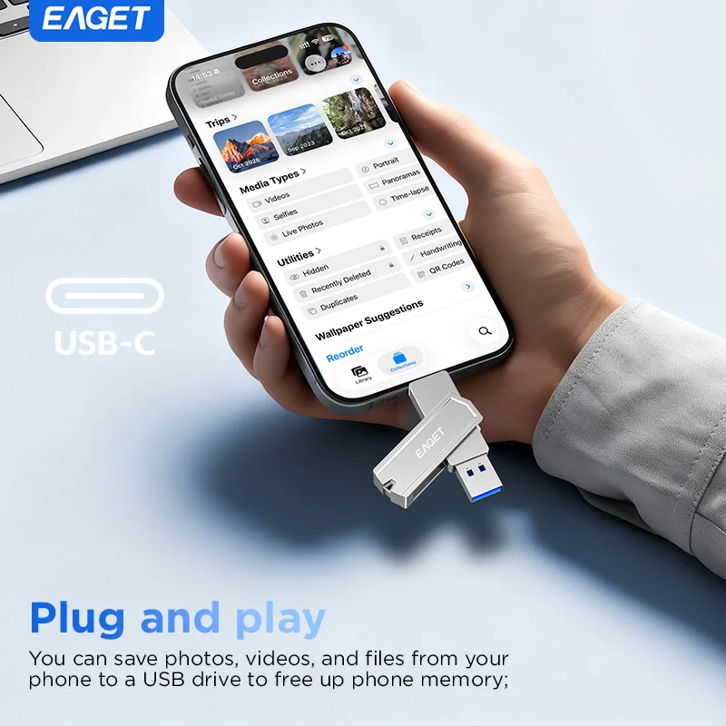 

Eaget 2-in-1 USB 3.2 Flash Drive 512G 256G 128GB 64GB Type C 120MB/S Flash Drive for iPhone 15 Androids Mac Windows TV Car