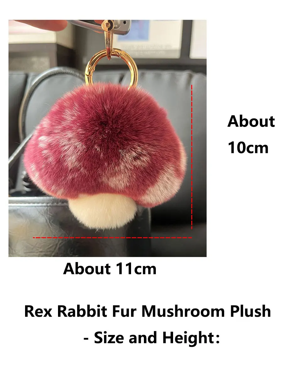 Niedlicher Echter Rex-Kaninchenfell-Pilz-Schlüsselanhänger, Flauschiger Pompon-Autoschlüsselring, Taschenanhänger, Charm im Ins-Stil, Modisches Geschenk für Frauen und Mädchen – Detail 1