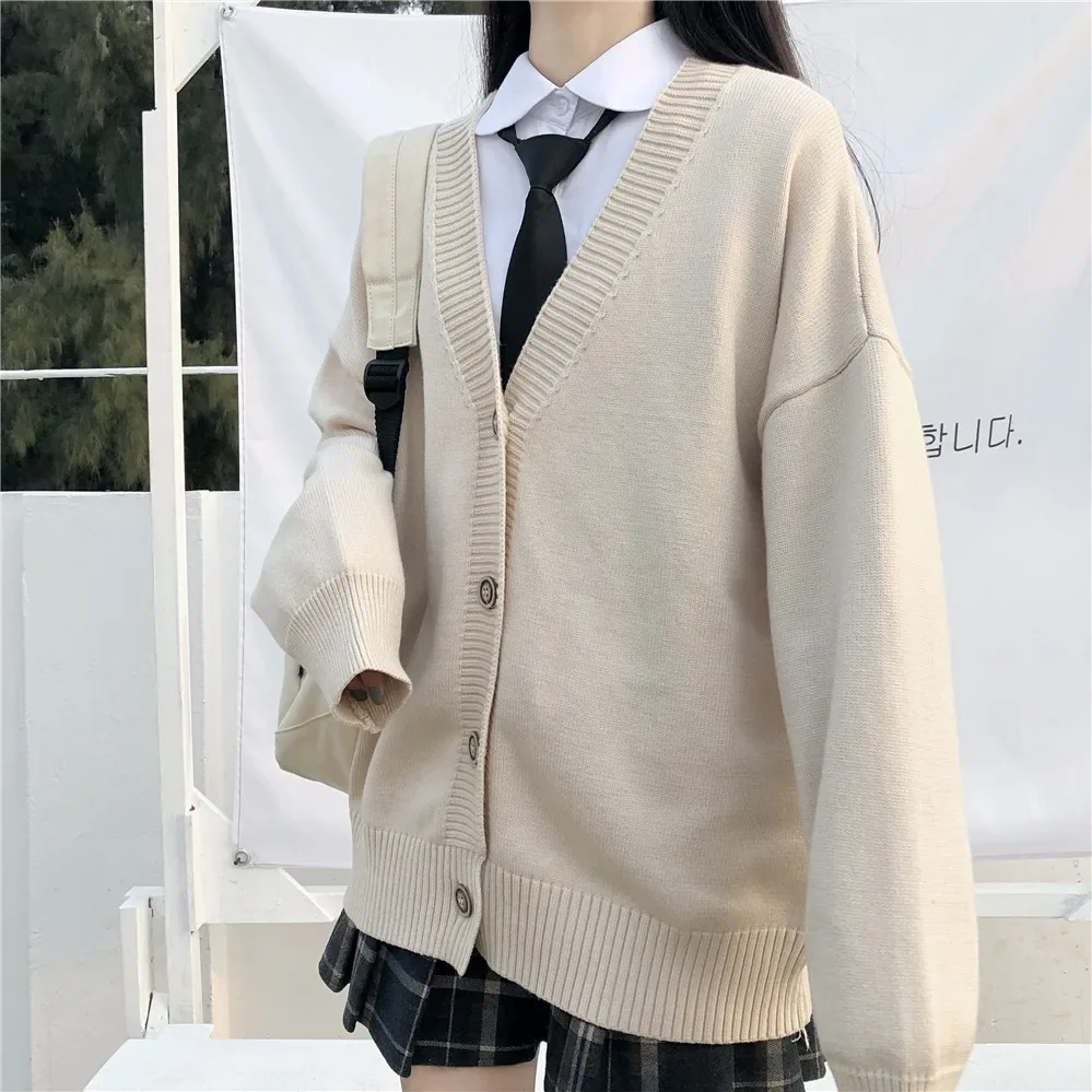 BSDFFO Fashion College Loose V-neck Cardigan 2021 New Sweater Female Outer Wear Sweater Coat Japanese School Uniform ZY6090