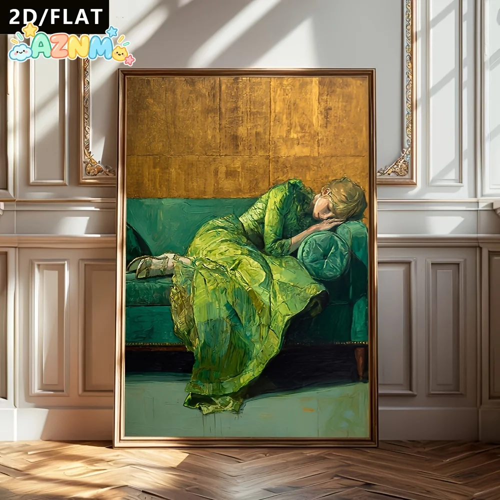 2D Flat, 2D/Flat 1pc A Woman Wearing a Green Long Dress Is Lying on The Dark Green Sofa, with Oil Painting Style Decor Painti