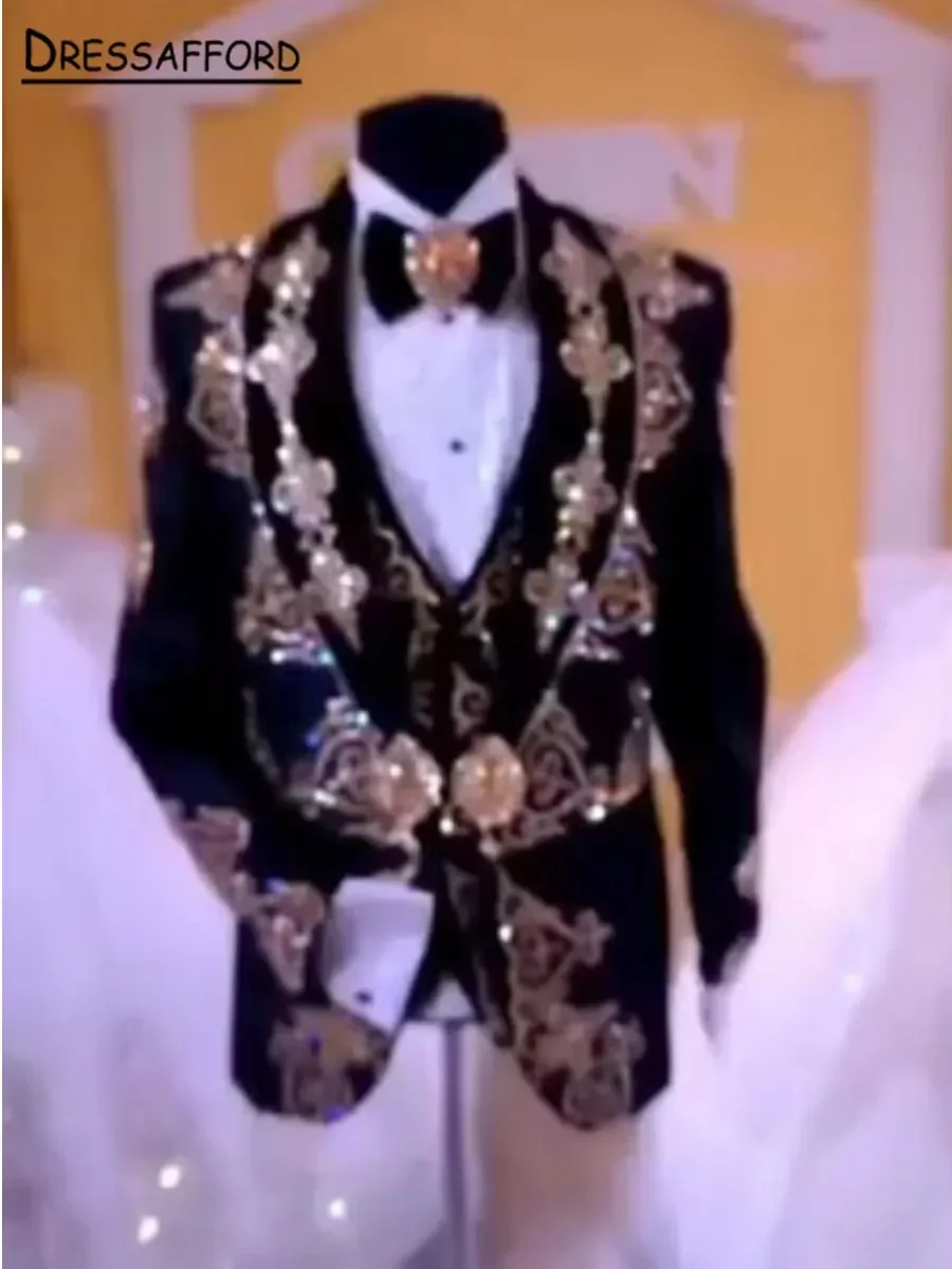 Black Men's Suits Fashion 2 Pieces Sets Jacket Pants Gold Sequined Appliques Groom Prom Blazers Decoration Tuxedos Men