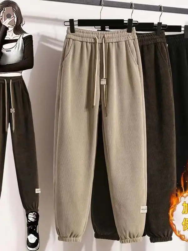 

Брюки Thiened Harlan больших размеров с эластичной резинкой на талии и манжетами на подкладке, свободные утягивающие повседневные брюки для женщин зимой