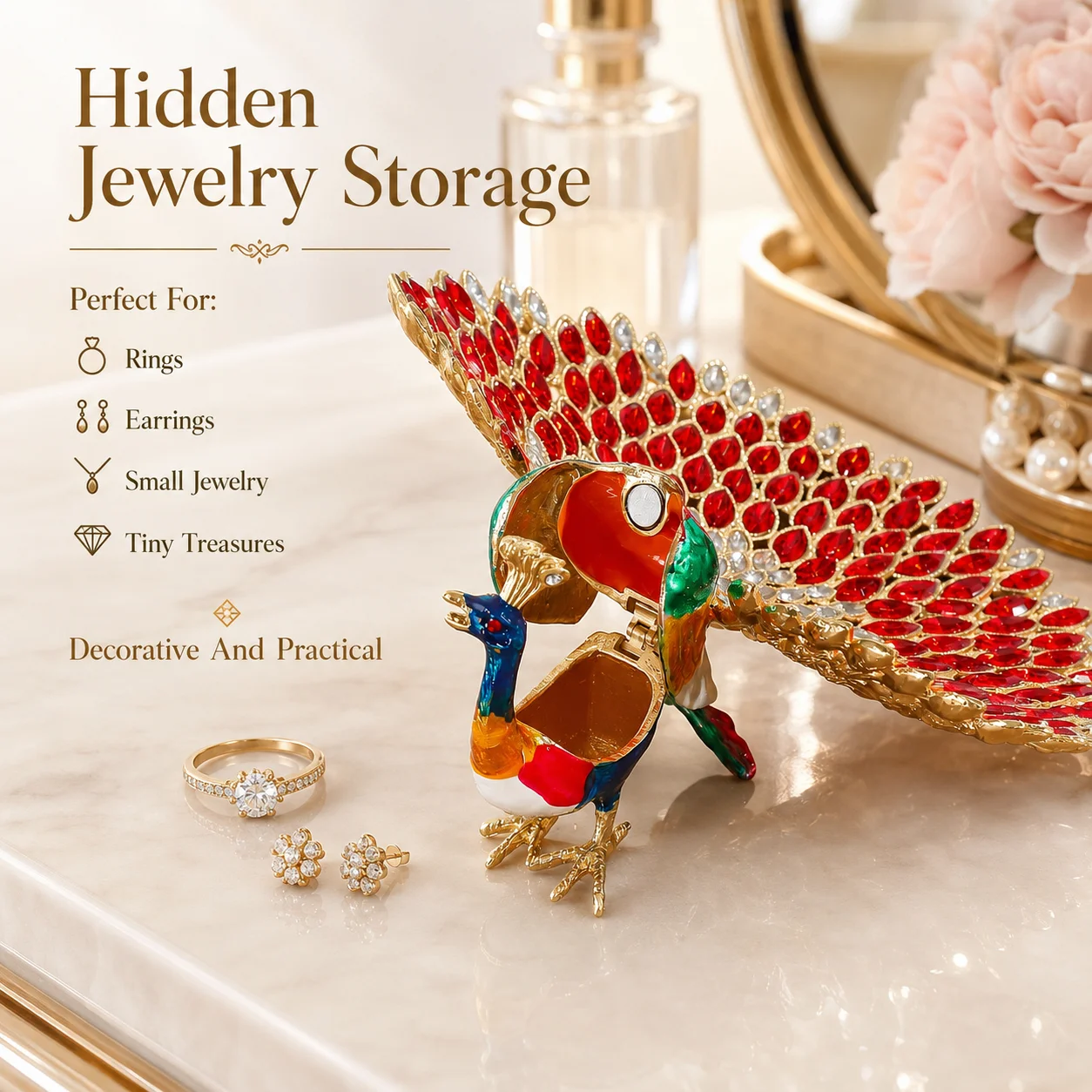 Peacock Jewelry Box Rhinestone Ring Holder Luxury Enamel Table Ornament Desktop Home Decor Craft Gift Storage Figurine