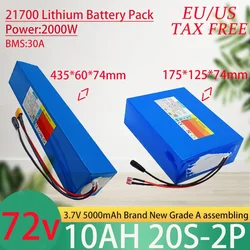 72V 10Ah 21700 Lithium Battery Pack A-level Battery Cells Long Endurance 30A BMS 2000W High Power Battery+84V 3A Charger