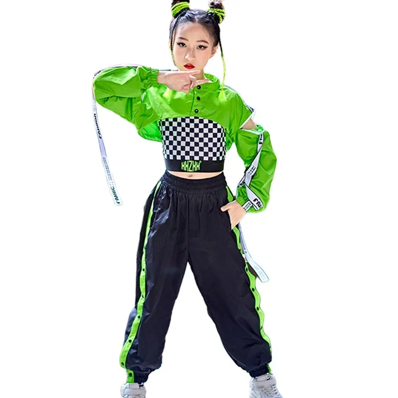 Green Crop Tops Loose Pants Kpop Outfits Kids Street Dance Jazz Modern Dance Performance Costumes Hip Hop Girl Dance Clothes