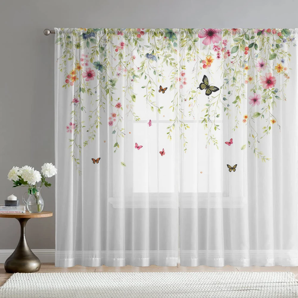 2Pcs Colorful Floral Branches And Butterfly Print Home Decoration Window Screens, Suitable For Cafes, Restaurants, Bedrooms
