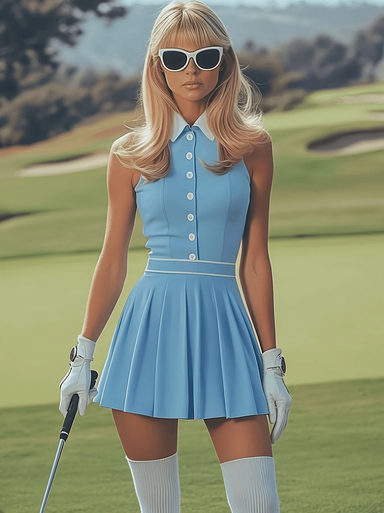 ชุดเดรสแขนกุดสีขาวตกแต่งด้วยสีฟ้าอ่อนแบบมีปกและซิปครึ่งตัวสำหรับสุภาพสตรี