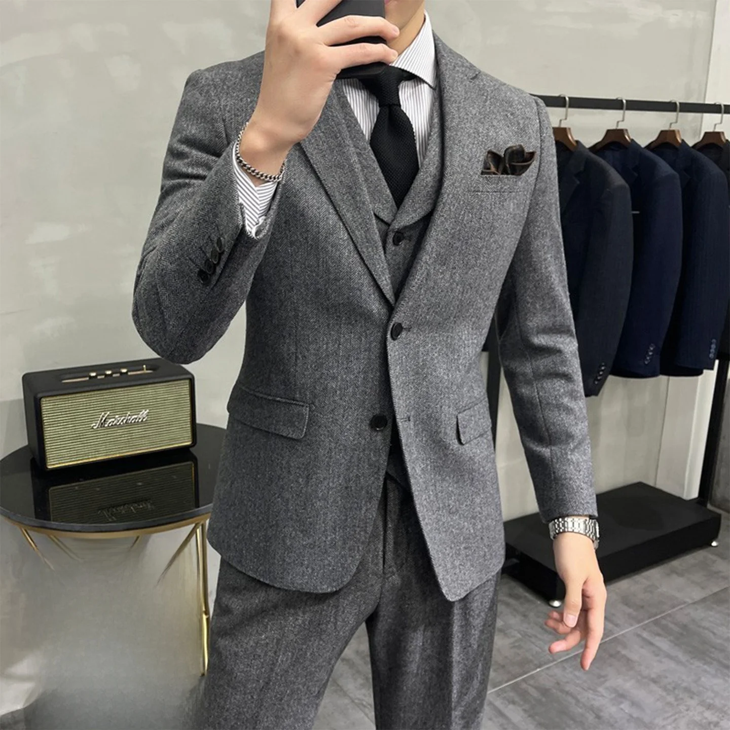 

Large Size Men's Autumn Winter Woolen Suit Set Trendy Commuter Casual Busin Stand Fit Two Button Single Row Buttoned