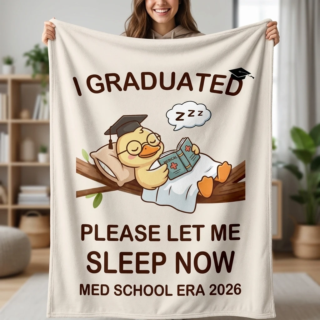 Med School Grad Duck 2026 Flannel Throw Blanket, Funny Med Grad Soft Cozy Blanket For Sofa Bed Home Decor Gift