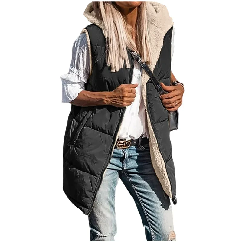 new Women's 2024 Warm Winter Coats Reversible Sherpa Hooded Puffer Jacket Both Sides Wear Long Outerwear