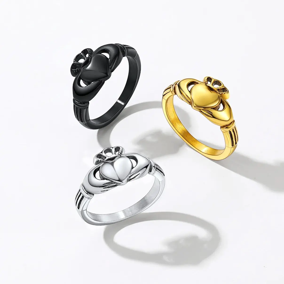 ChainsPro Claddagh Rings for Love Retro-style Stainless Steel 14K Gold Plated Crown Heart Hand Women Wedding Anniversary Ring