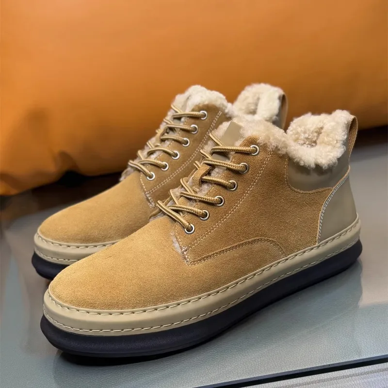 

Luxury Men Snow Boots Genuine Leather Winter Warm High Top Shoes Male Wool Comfortable Casual Trendy Outdoor Motorcycle Boots