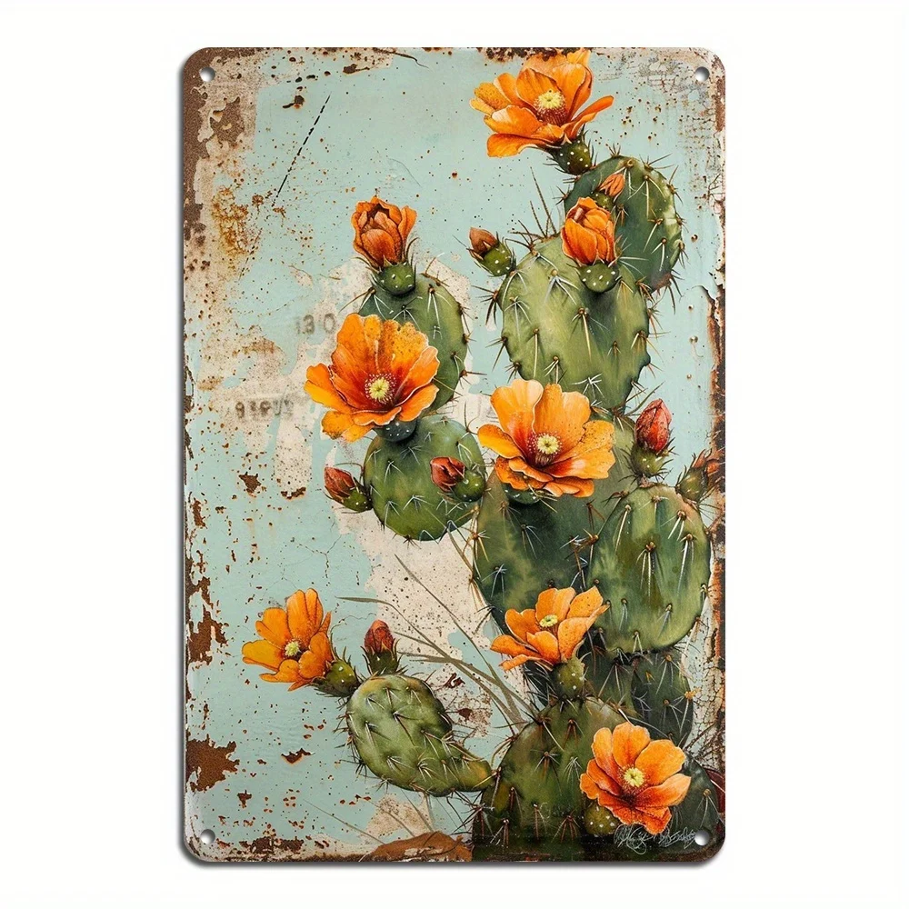 2D Flat One Piece 8x12 Inch Metal Sign Featuring Vintage Distressed Blooming Cactus with Orange Flowers for Southwest Patio Wall