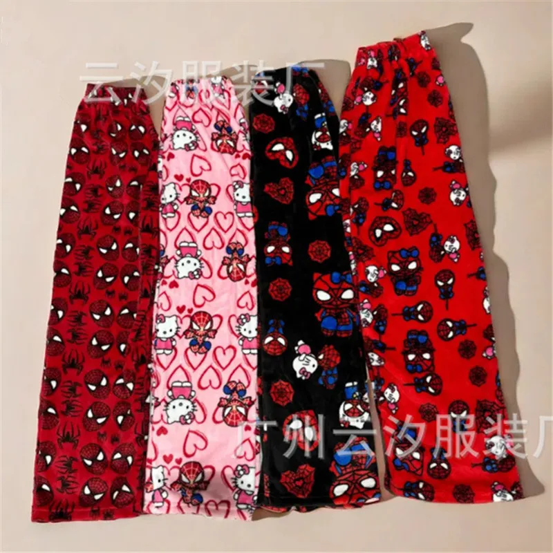 Cartoon Hello Kitty Spider-man Flannel Loose Ladies Pajama Pants Pyjama Trousers Women Men Sleep Bottoms Lounge Wear Girl Sleep