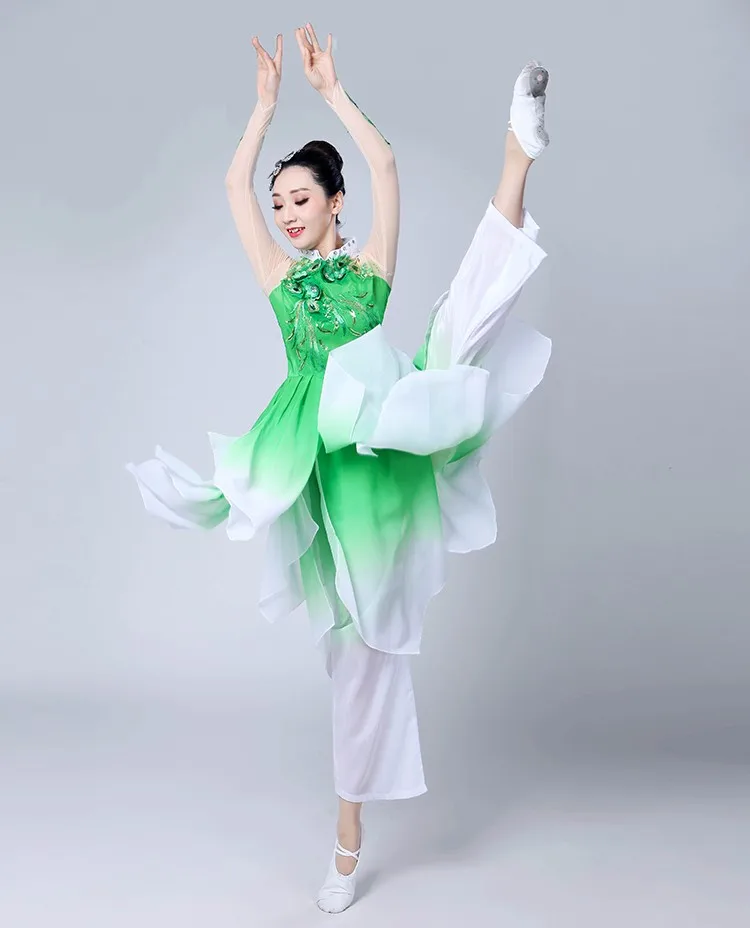 Traje de baile Yangko para mujer, ropa de bailarina de baile nacional chino, ropa Hanfu, paraguas de baile cuadrado elegante, traje de baile abanico