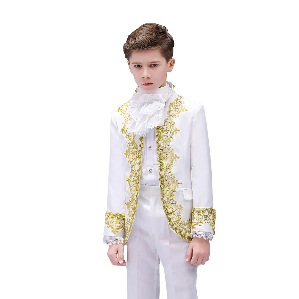 Costume de théâtre de cour de style européen pour garçons, ensemble de performance de prince de scène, tenue de broderie de roi royal pour enfants, fleur d'or