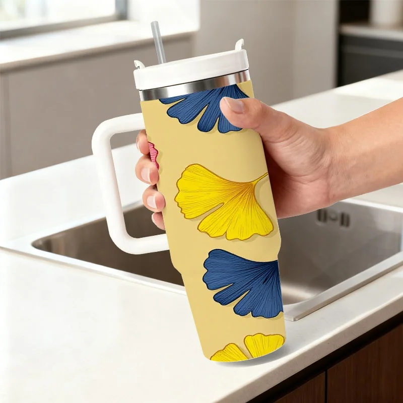 40oz Light Yellow Base Colorful Ginkgo Leaf Print Insulated Stainless Steel Travel Tumbler With White Handle Straw Lid Large Thermal Cup