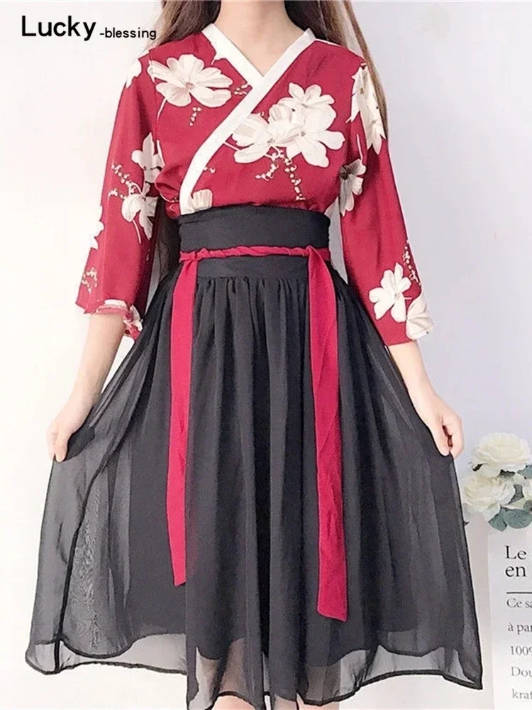 الرجعية النمط الياباني خمر Haori Kawaii الفتيات النساء فورال كيمونو فستان للحزب يوكاتا الملابس الآسيوية التنانير Vestidos Hanfu
