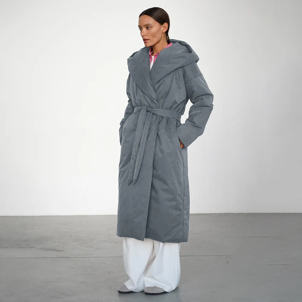 

Сплошная цветная расширенная хлопковая куртка, зима 2025 года, новый стиль с поясом, теплая хлопковая куртка с капюшоном