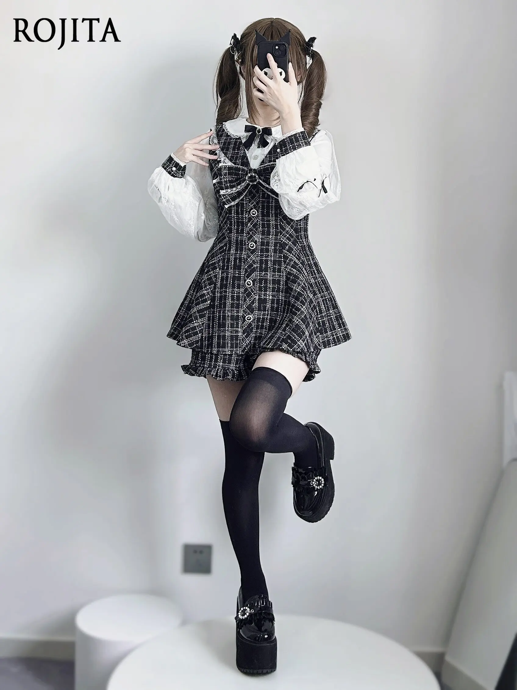 Weed Plaid 2-Piece Dress Set Preppy Style Lace Sleeve Mini Dress Long Sleeve Dress with Peter Pan Colla