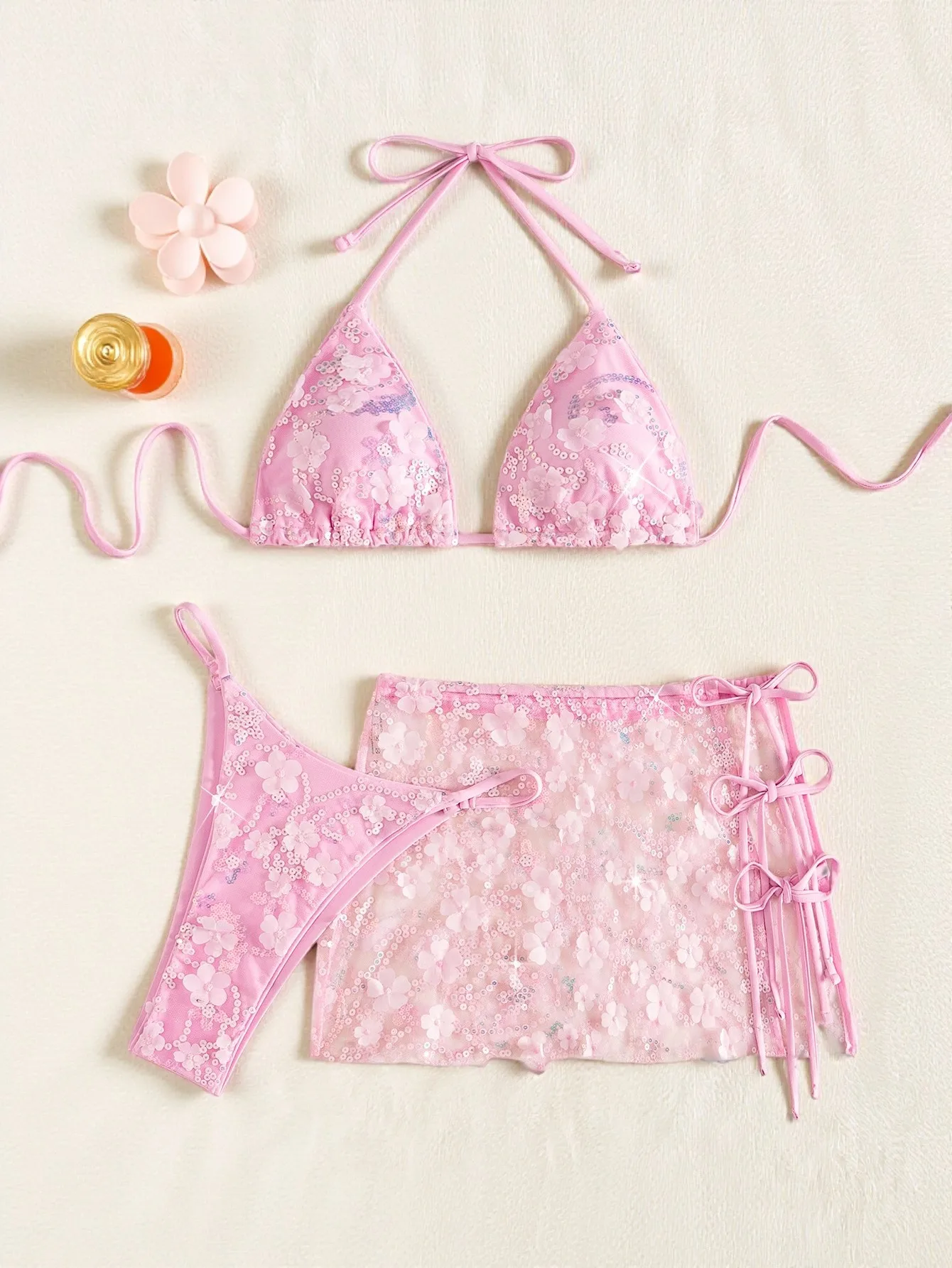 

Sexy Mesh Sequined Bikini For Women 3 Piece Swimsuit 3D Flower String Swimwear Bathing Suit With Wrapped Swimdress Beach Wear