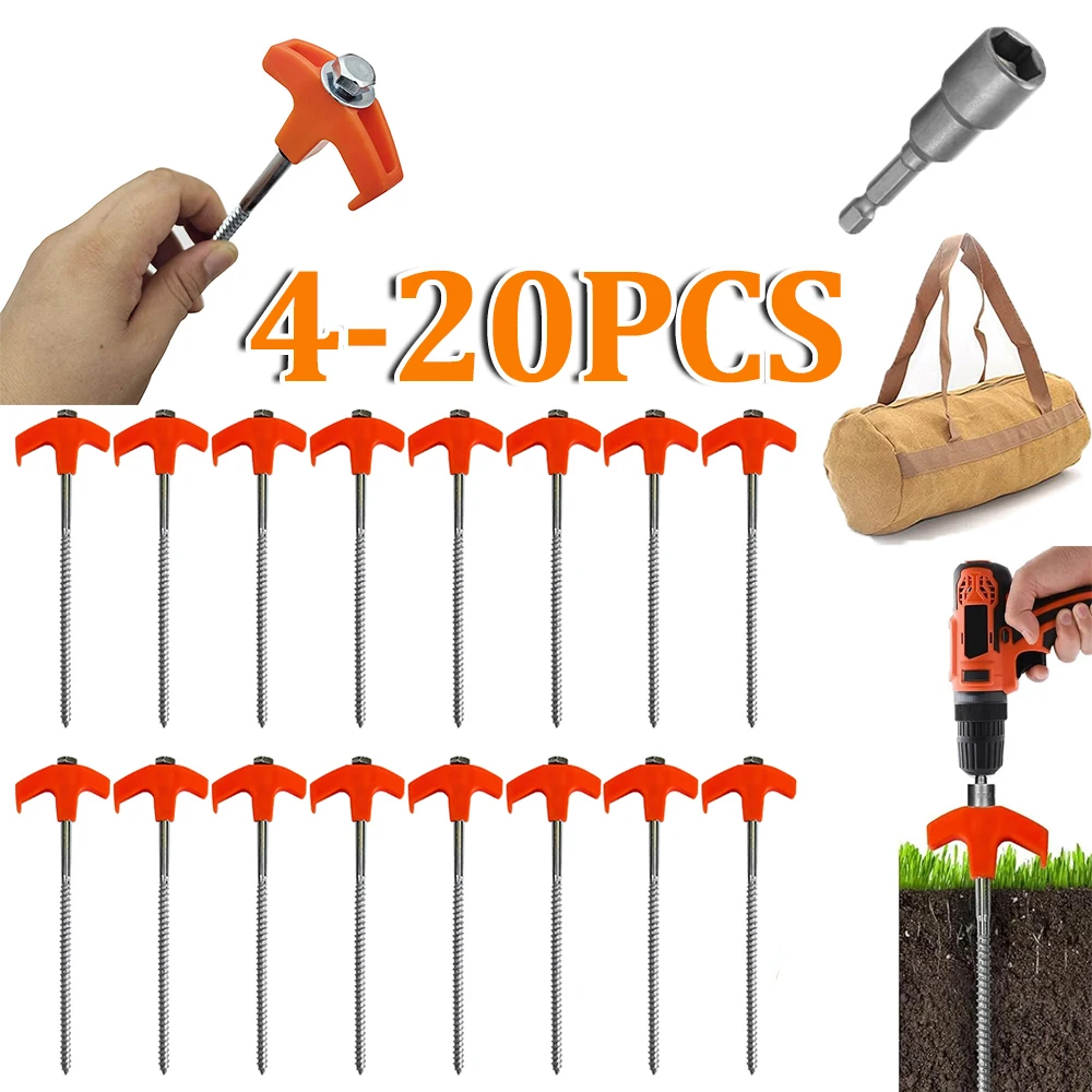 4-20pcs Screw-in Tent Stakes Ground Anchors Hexagonal Plastic Head Spiral Screws Camping Peg Ground Nails Tool Camping Tent Pegs