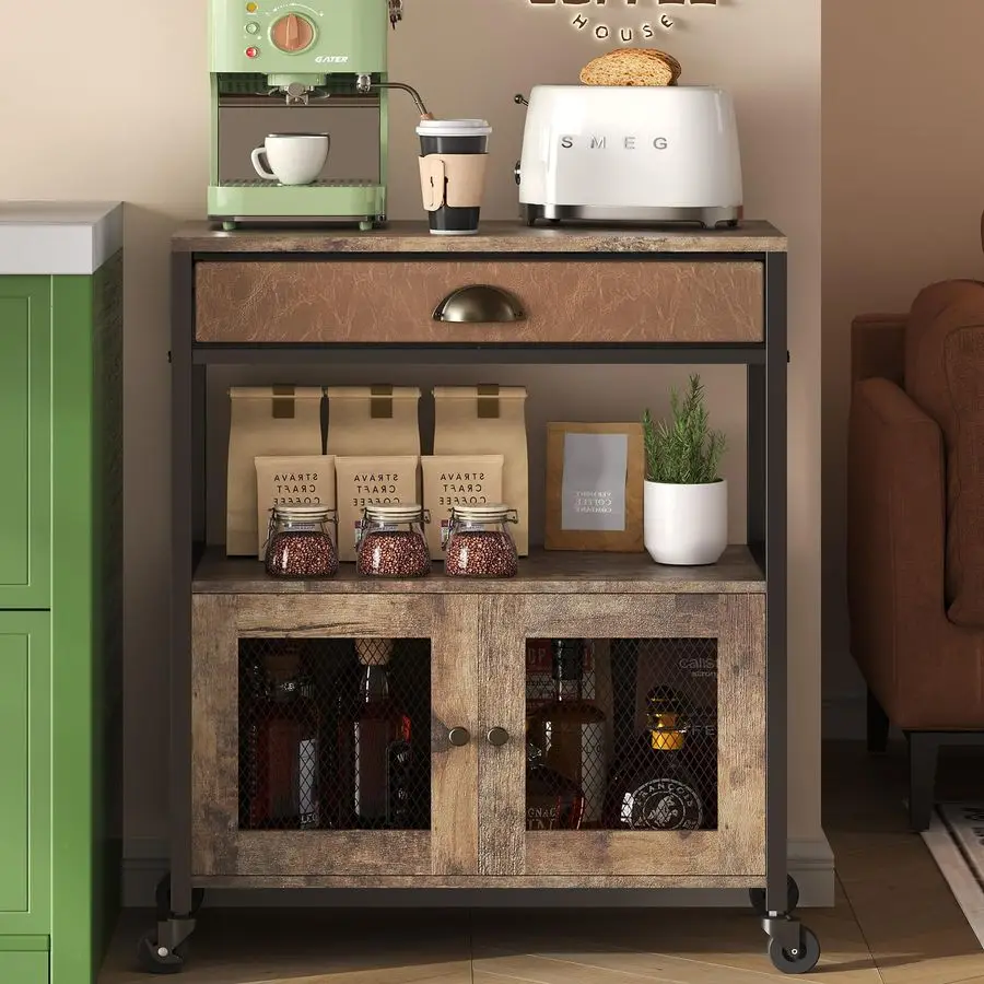 

Coffee Bar Cabinet3 Tiers Kitchen Coffee Cart with Drawer for The Home, Movable Farmhouse Ktichen Station Table on Wheels for Li