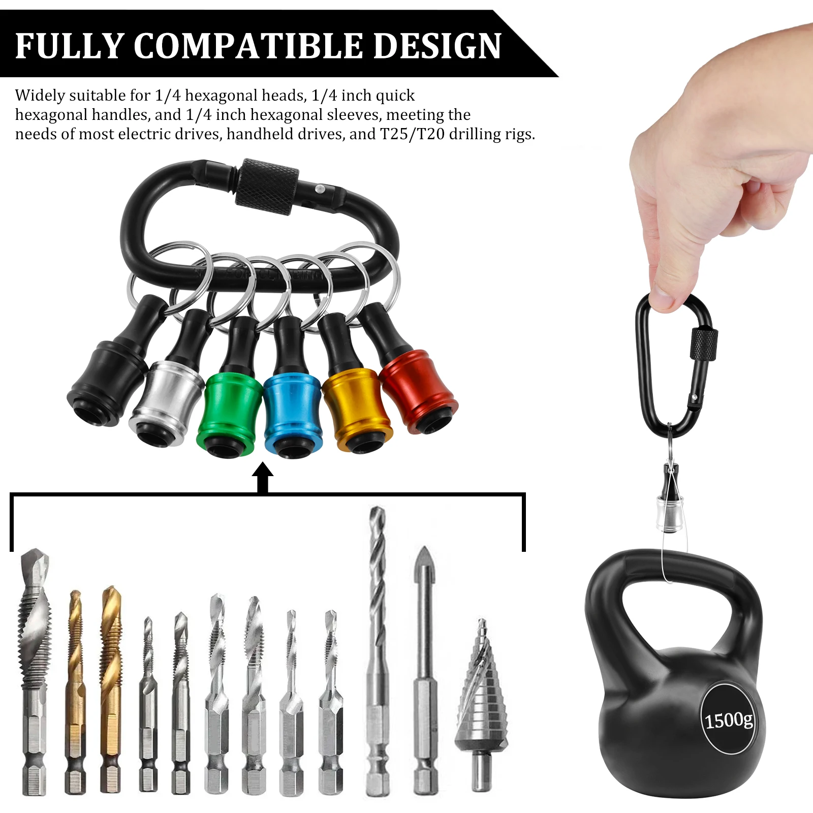 18Pcs 1/4 Inch Hex Shank Screwdriver Bit Holder Aluminum Alloy Bit Holder Keychain with 1/4inch 3/8inch 1/2inch Drill Socket