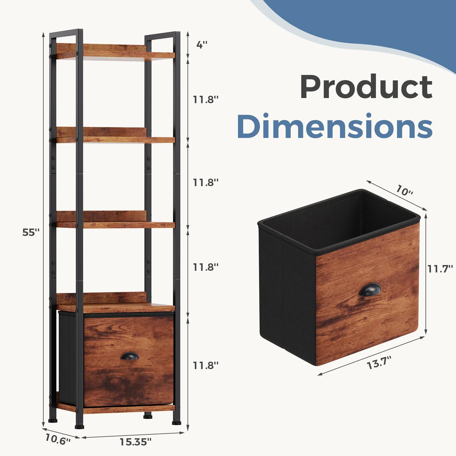 JHK Wood 5 Tier Bookshelf with 1 Fabric Drawer Multi-Functional Display Standing Shelf for Books Movies and Storage Organizer