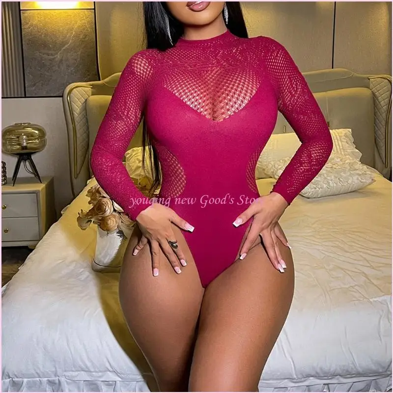

57QA Womens Sheer Lingerie Mock Neck Long Sleeve Bodysuit Hollowout See Through Mesh Nightclub Leotard