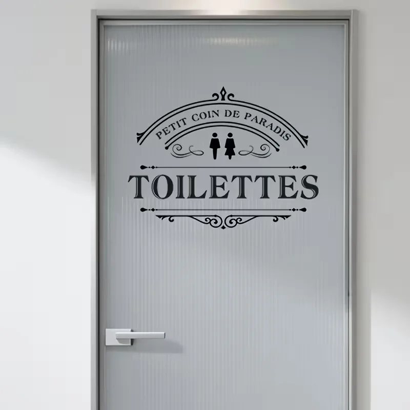1pc 2D Flat 2D Plane Grass Pattern Toilet Sign Sticker, Classic Black And White Color Scheme, Arc-Shaped French Slogan And Male