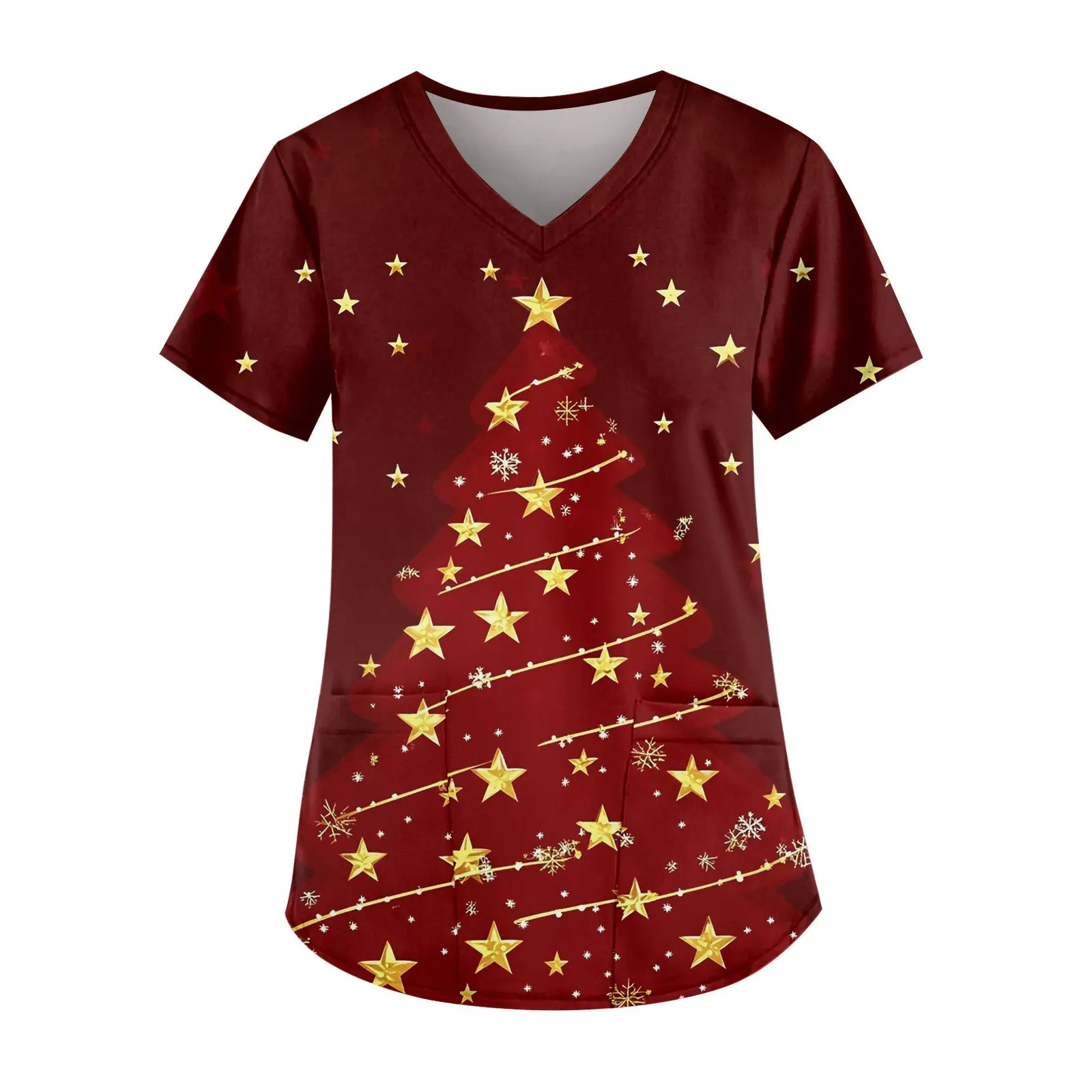 女性用プリント衣類,伸縮性生地,Vネック,半袖,ポケット,ミニマリストトップ,通気性,クリスマスウェア,2018