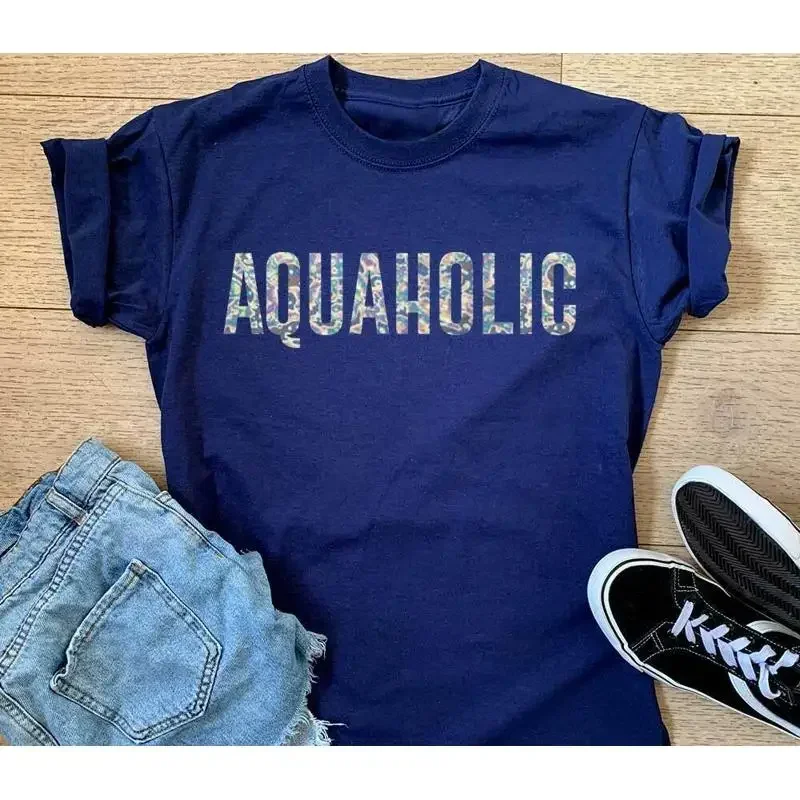 Ladies Aquaholic T Shirt Funny Wild Swimmer Swimming Triathlon Tri Mum Top