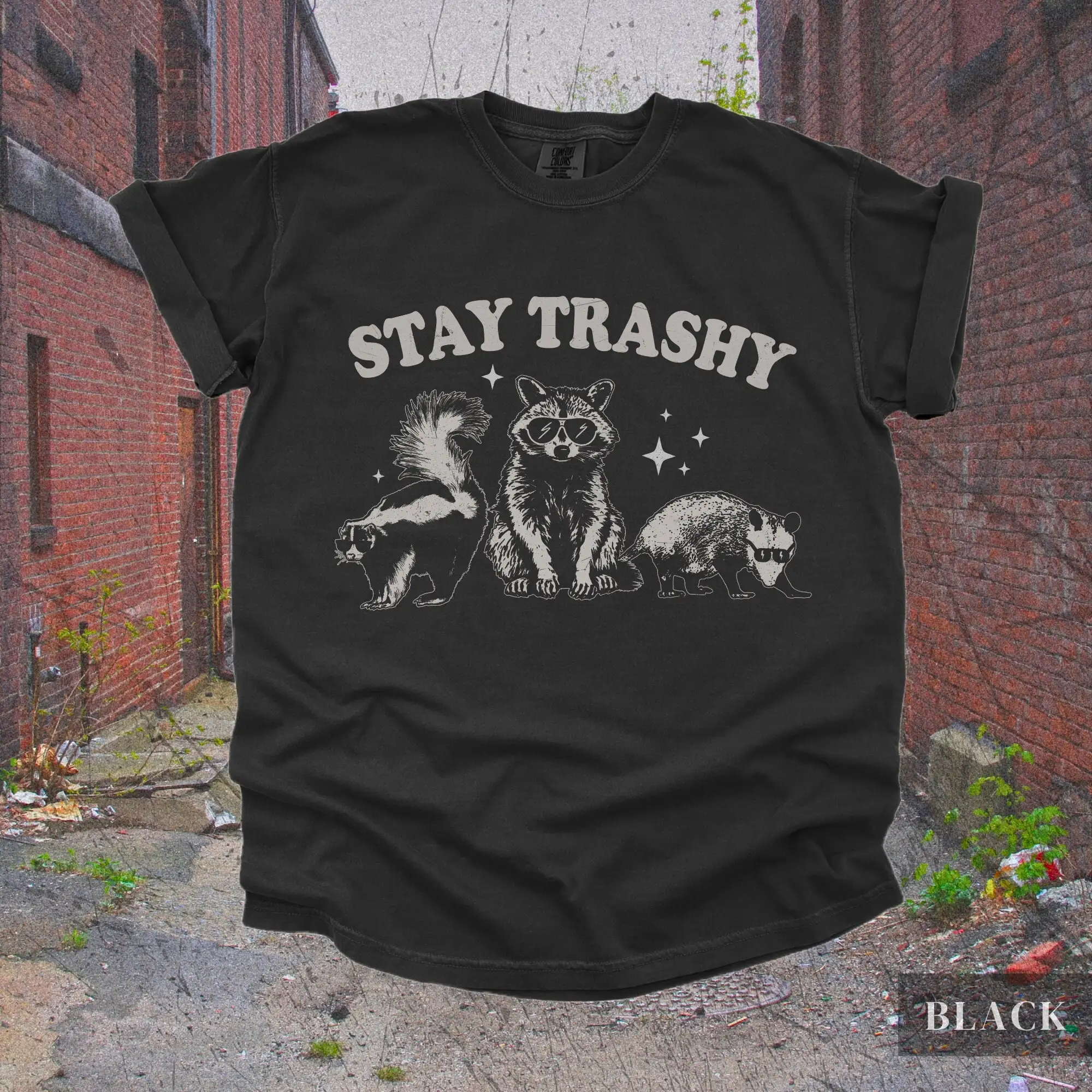 Vintage Stay Trashy Skunk Opossum Racoon T Shirt Retro Funny 90S Y2K Cute Oversized Boho Trendy Trashcore Rocker Clothing