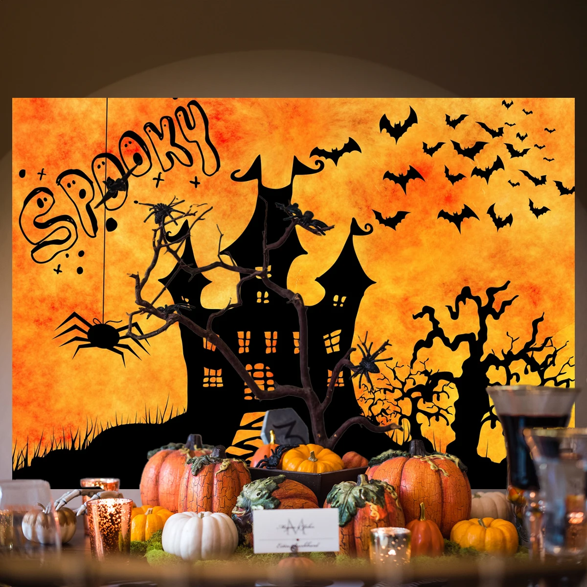 

Happy Halloween Backdrop Spider Bat Dress Up Theme Party Background Ghost Moon Witch Castle Skull Haunted House Decorations