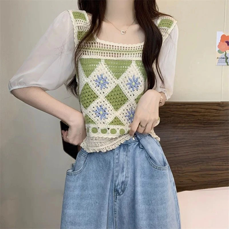 Chiffon Flower Knitted Flower Summer Hollow Out Short Sleeve Women T Shirts O Neck Fashion All-match Sweet Oversized Crop Tops