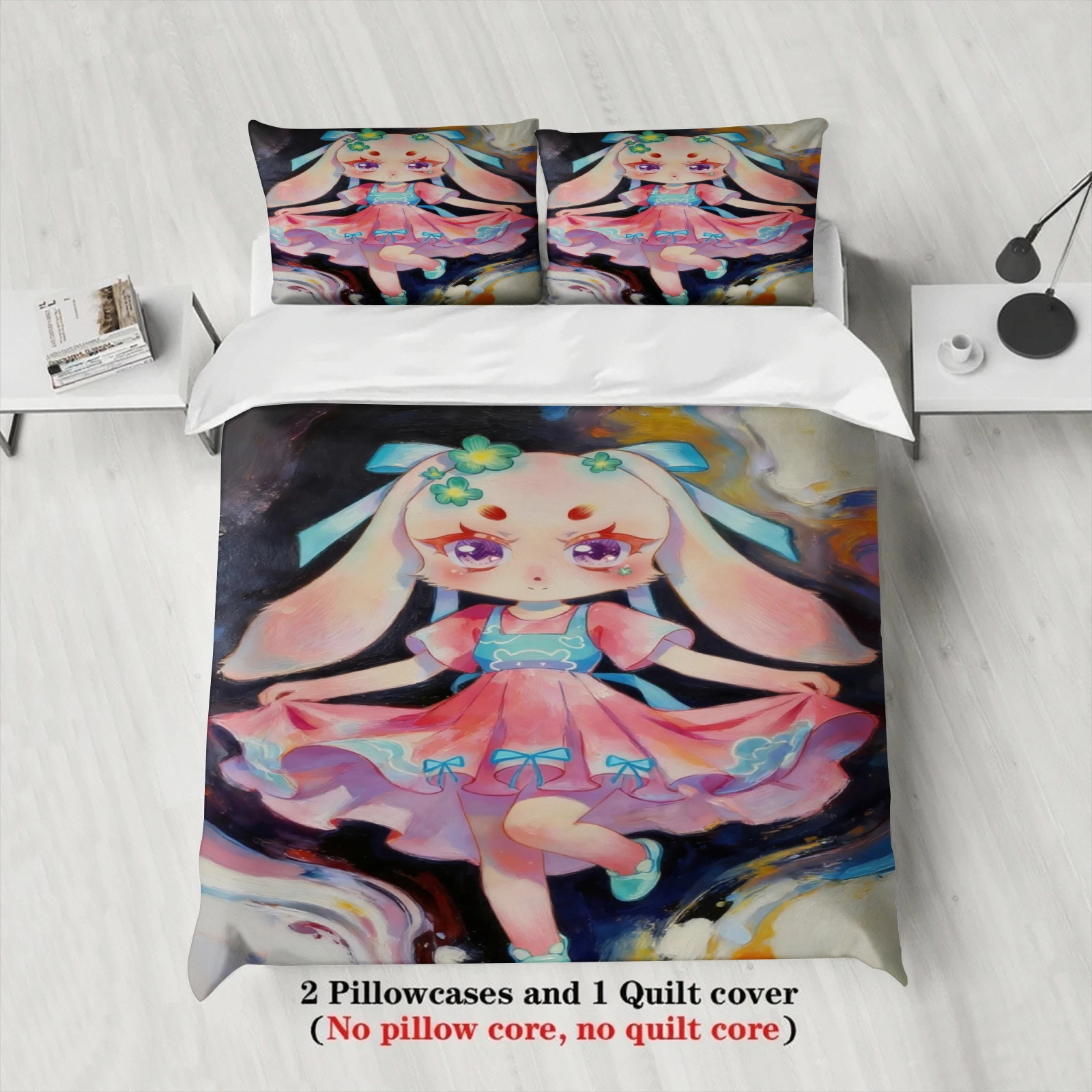 Softville Cozy Town 3PC Bedding Set Lop Rabbit Dancing with a flowing skirt Pint Duvet Cover No filling Cartoon Style Queen Size