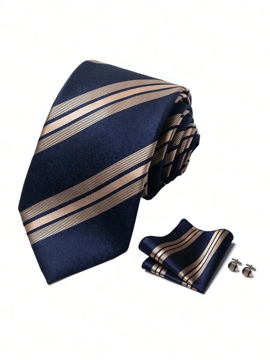 

Mens Striped Neck Tie Pocket Square And Cufflinks Set Blue 7.5cm Width For Wedding Work Formal Occasion